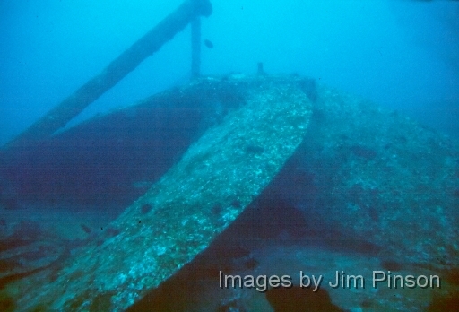  Propeller from the Empire Mica, resting on the deck after a failed attempt to lift it to the surface.Recorded at 90 foot depth, April 9, 1978.The propeller is 18 feet in diameter and weighs 32,000 pounds and is now on display at Captain Anderson'sRestaurant on Panama City Beach Florida. (see next image)