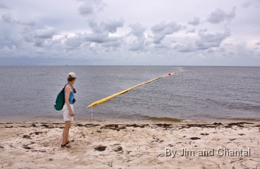  Hiker looks at Boom deployed for BP oil spill. Alligator Point: .