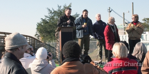  Operation Migration team celebrating with visitors, after leading 7 young Whooping Cranes to St. Mark's National Wildlife Refuge, north Florida.  The crew and birds covered 1113 migration miles over 82 days.  L-R: pilots Joe Duff (CEO), Richard Van Heuvelen, and Brooke Pennypacker; with Liz Condie (COO), and Heather Ray of support/communications crew.  Whooping Crane flyover, St. Mark's, Florida, January 17, 2009.