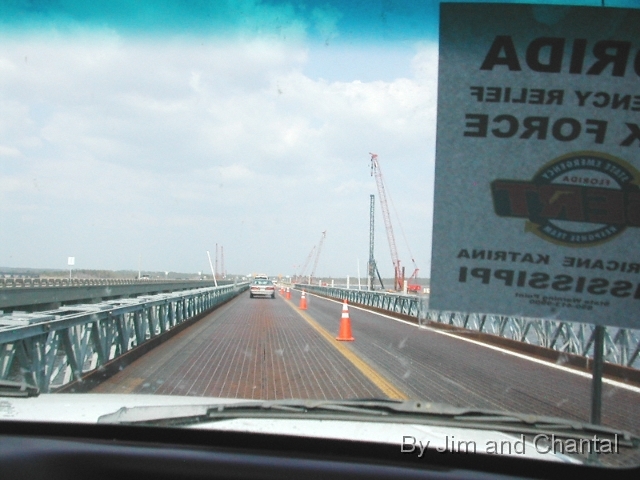  Route between Florida and Hurricane Katrina strike zone   in September 2005.    I-10 bridge across Escambia Bay FL, near Pensacola   under repair from September 2004 Hurr. Ivan damage.